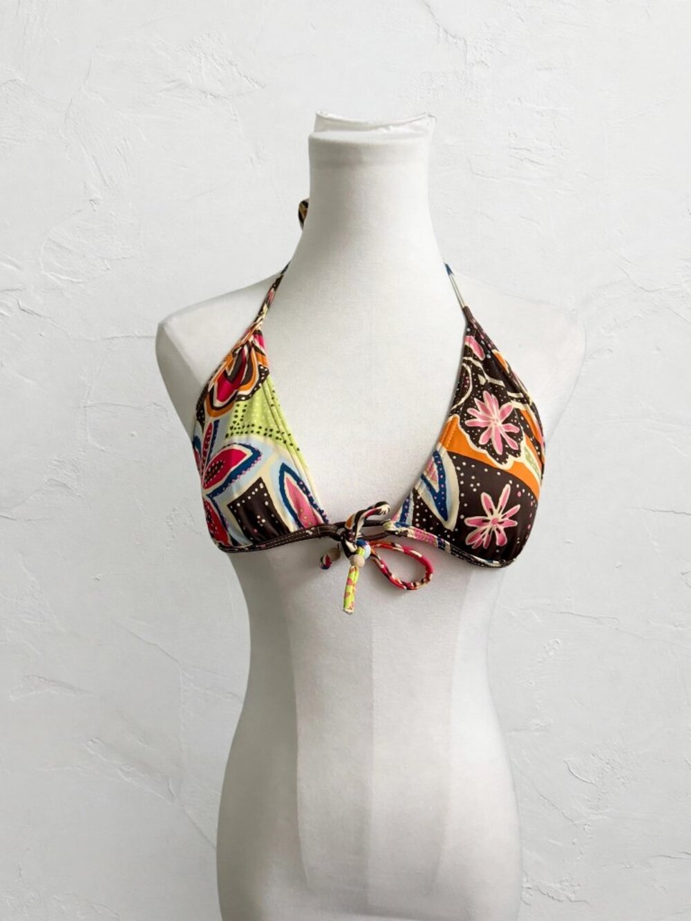 Vintage Retro Floral Halter Bikini Top Tie Front Patchwork Print M